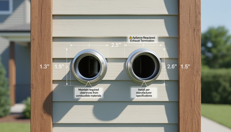 Close-up of gas fireplace direct vent pipe termination through exterior wall showing proper clearances