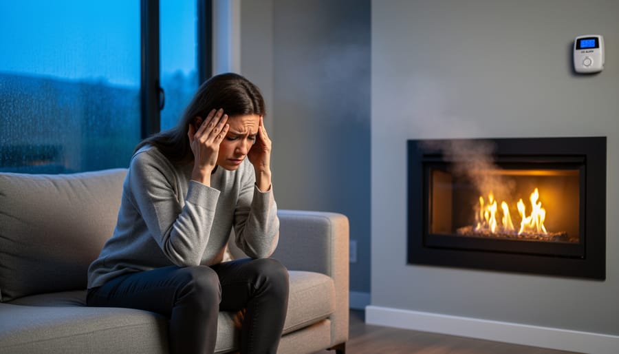 Woman sitting on a sofa in a modern living room near a ventless gas fireplace, holding her head as faint haze drifts by and condensation shows on a window, evening light and warm firelight mixed.