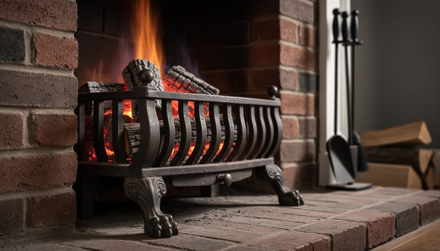 Close-up of a vintage cast iron fireplace grate with thick bars and claw feet holding burning logs in a brick fireplace, warmly lit with a blurred mantel, tools, and stacked wood in the background.