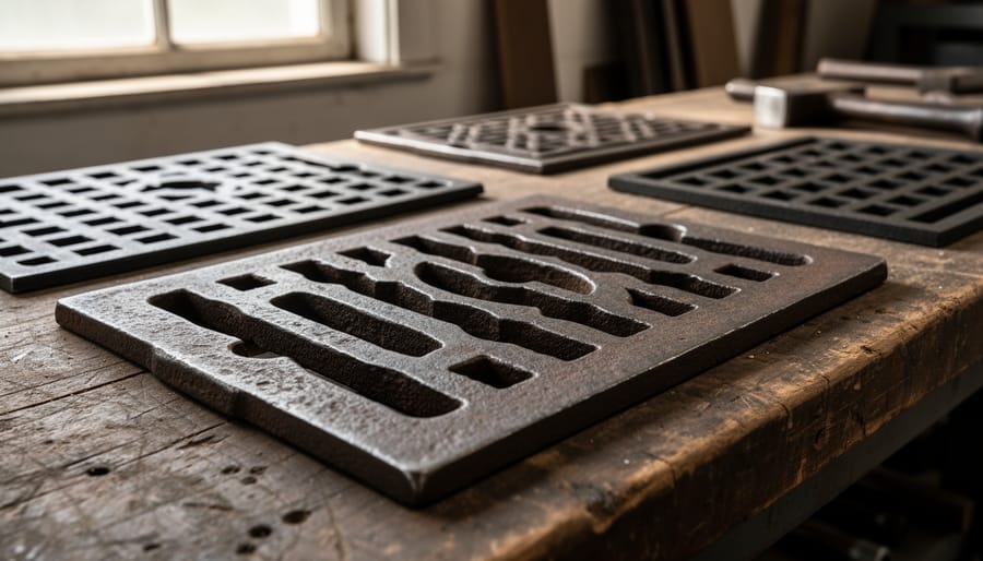 Close-up of ornate Victorian cast iron fireplace grate showing detailed scrollwork and patina