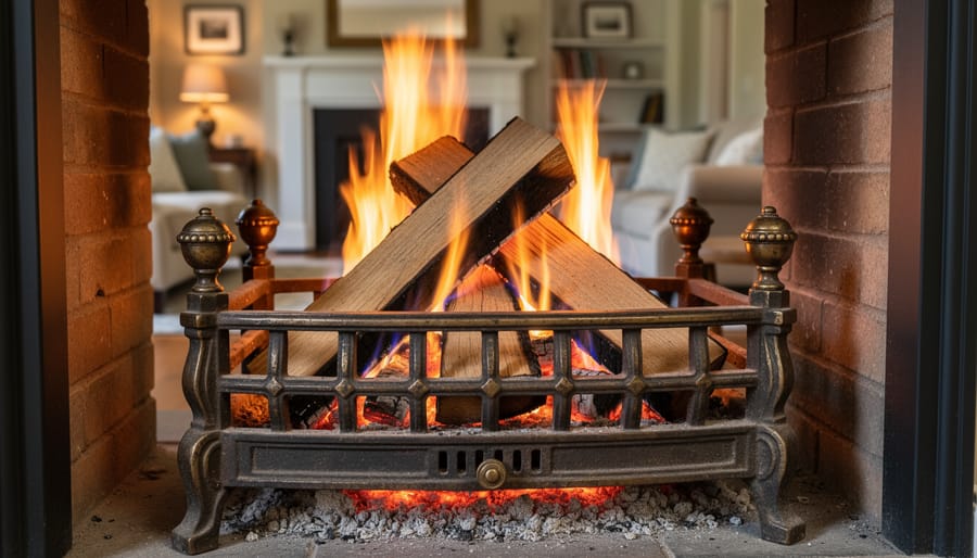 Active fire burning on vintage fireplace grate with proper wood arrangement