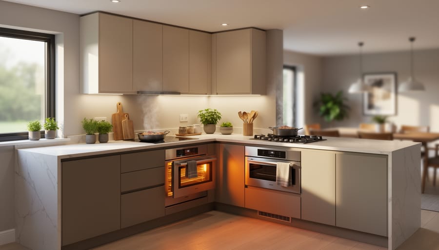 Built-in warming drawer with interior lighting in modern kitchen installation