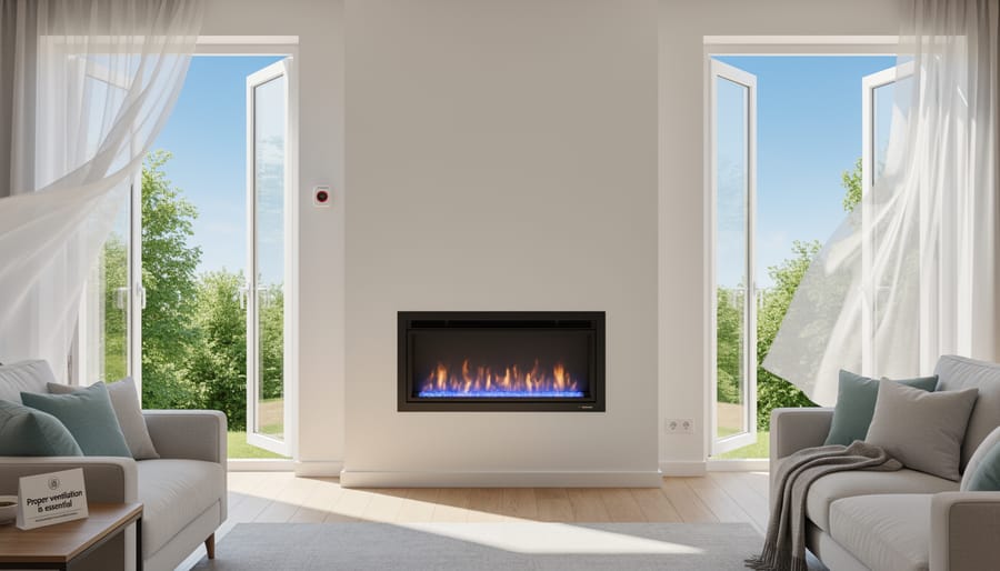 Open window with natural light and breeze flowing into living room with fireplace