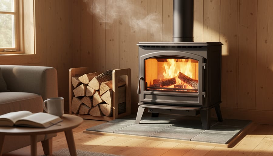 Wood-burning stove with flames visible through glass door in home setting