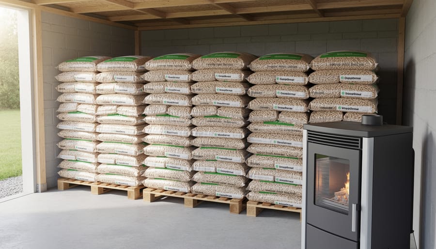 Wood pellet bags properly stored on pallet in dry garage setting