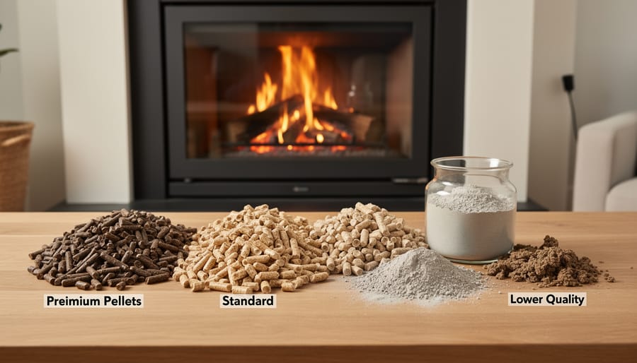 Comparison of different wood pellet types showing hardwood, softwood, and premium grade pellets