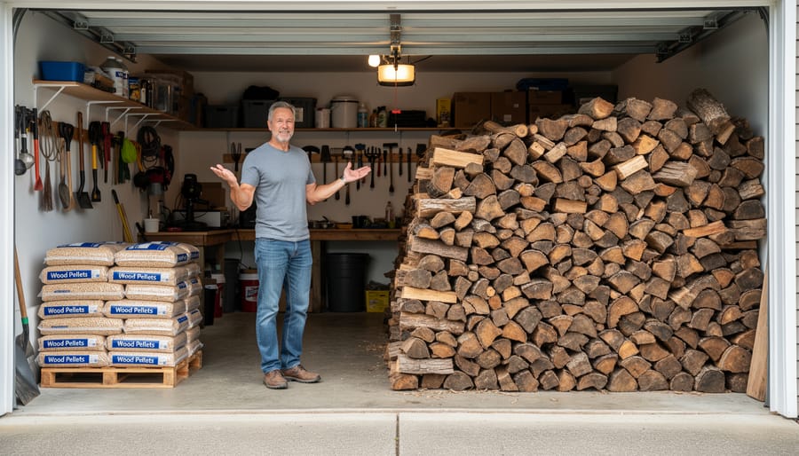 Side-by-side comparison of compact wood pellet bags and large cordwood pile showing storage requirements