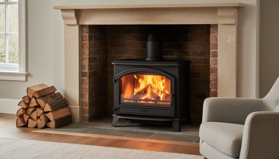 Modern wood stove insert with glowing fire installed in brick fireplace in living room setting