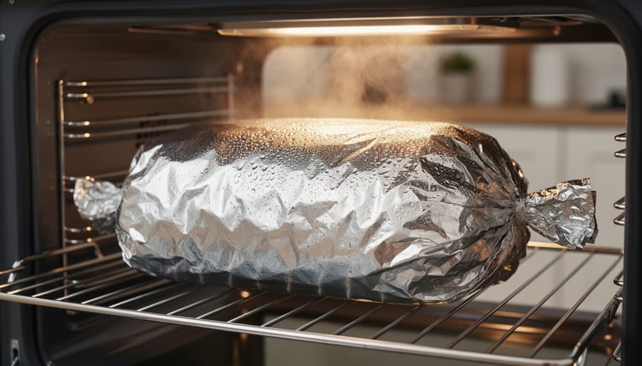 Hands wrapping smoked ribs in aluminum foil with butter and apple juice