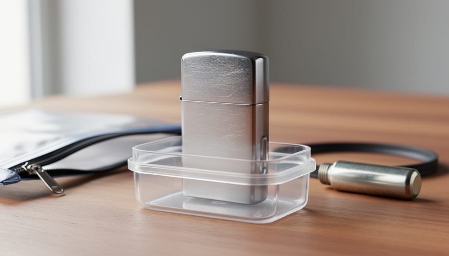 Brushed-chrome Zippo-style lighter standing upright inside a sealed clear plastic container on a wooden surface, softly lit, with a blurred zipper bag, rubber gasket material, and a butane insert in the background.