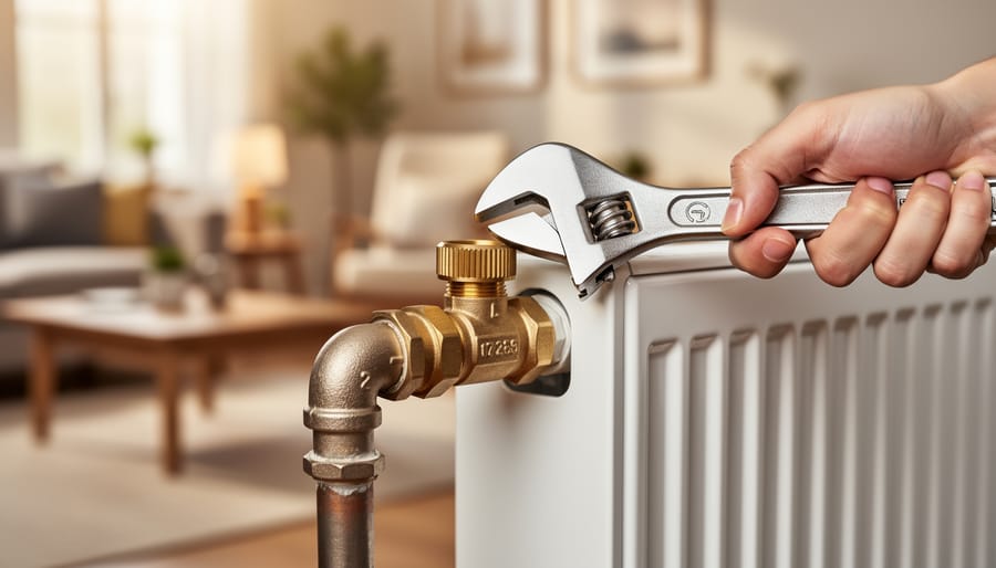 Hands using wrench to adjust lockshield valve on radiator for system balancing