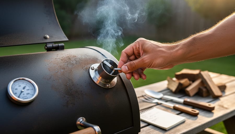 Pitmaster adjusting air intake vent on offset smoker with thermometer visible