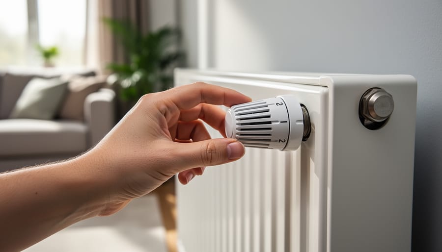 Hand turning a white thermostatic radiator valve on a panel radiator in a home, lit by soft window light with a blurred living room in the background; no readable markings visible.