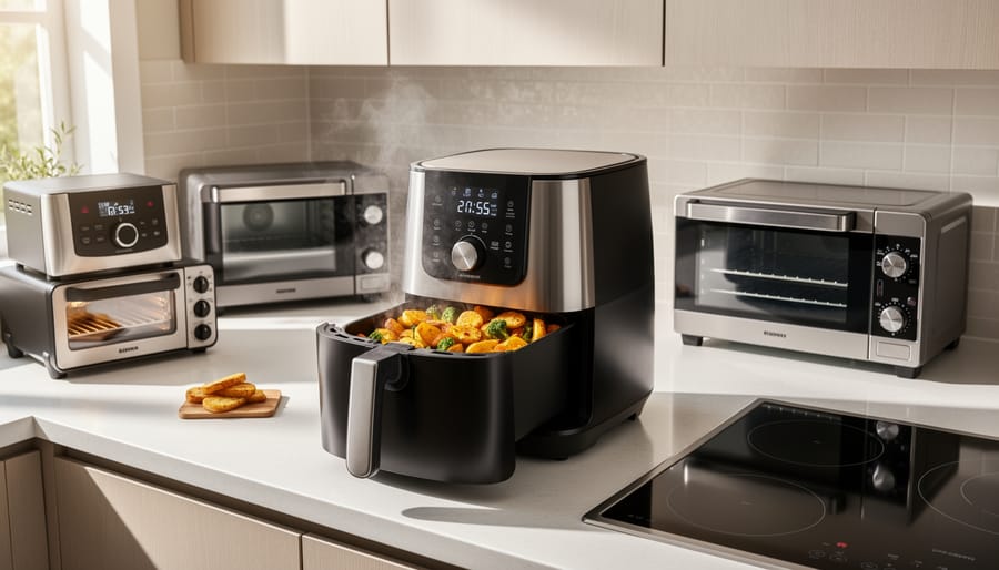 Stainless steel air fryer with vegetables cooking inside on kitchen counter