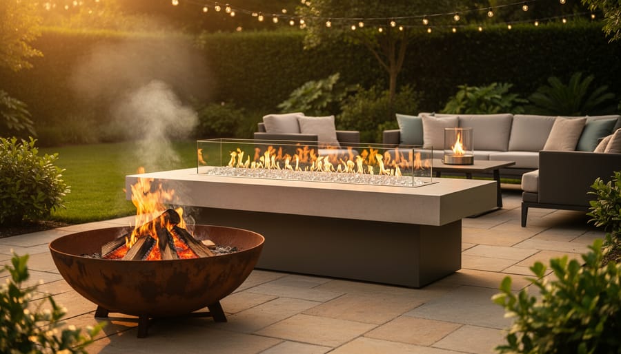 Backyard patio at dusk with three fire features: a smoking wood-burning steel bowl in the foreground, a natural gas fire table with glass media in the midground, and a small tabletop bioethanol burner on a bistro table in the background, surrounded by chairs, string lights, and garden foliage.