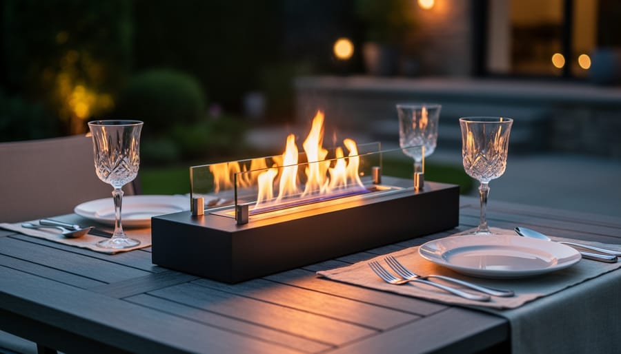 Smokeless bioethanol fire pit on outdoor dining table with wine glasses and place settings