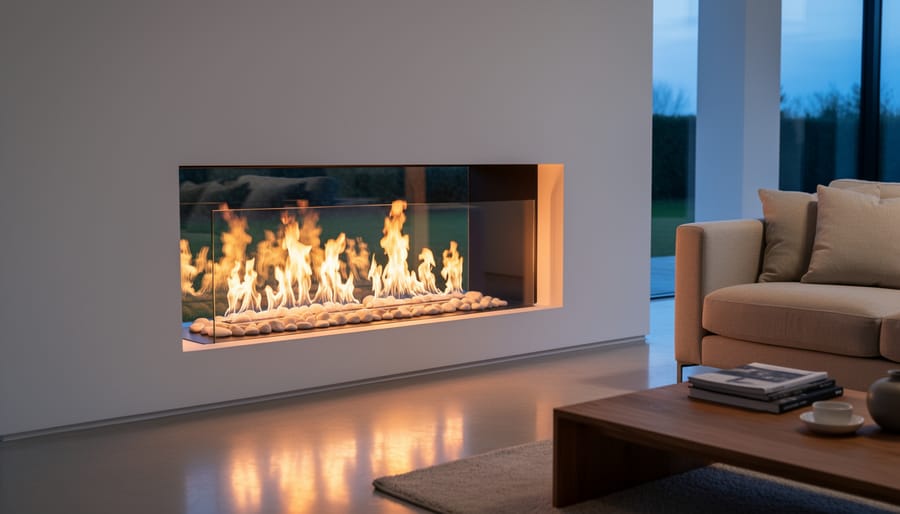 Close-up of bright bioethanol flames burning in modern fireplace burner