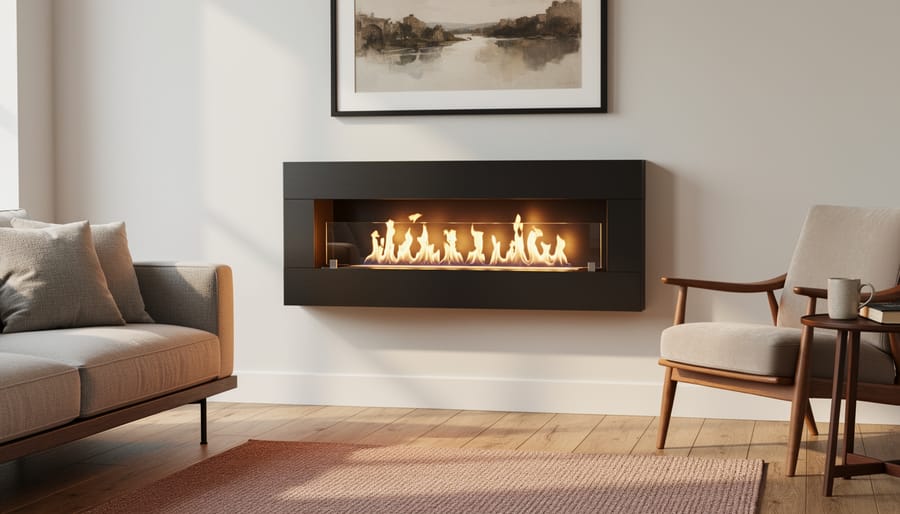 Modern living room with bioethanol fireplace providing warm ambiance