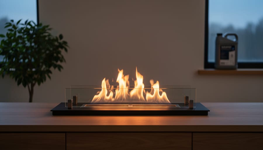 Eye-level photo of a modern ventless bioethanol fireplace with bright, clean flames in a minimalist living room; warm wood and charcoal tones with a leafy plant and a blurred unlabeled gel fuel canister on a background shelf.