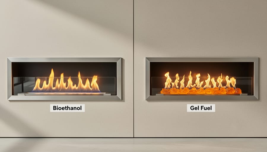 Two modern fireplaces side by side showing different flame characteristics of bioethanol and gel fuel
