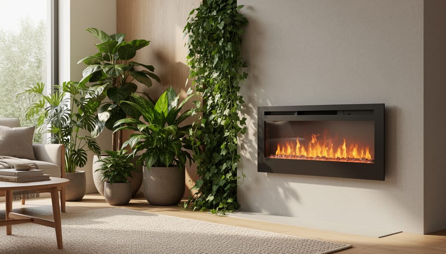 Potted plants and hanging greenery displayed around electric fireplace with natural materials