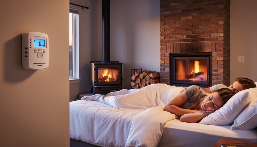 Carbon monoxide detector installed on wall near wood-burning fireplace