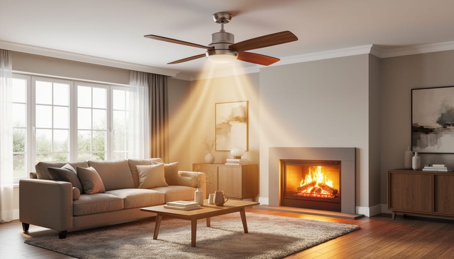 Modern ceiling fan with wooden blades above living room with lit stone fireplace and comfortable seating