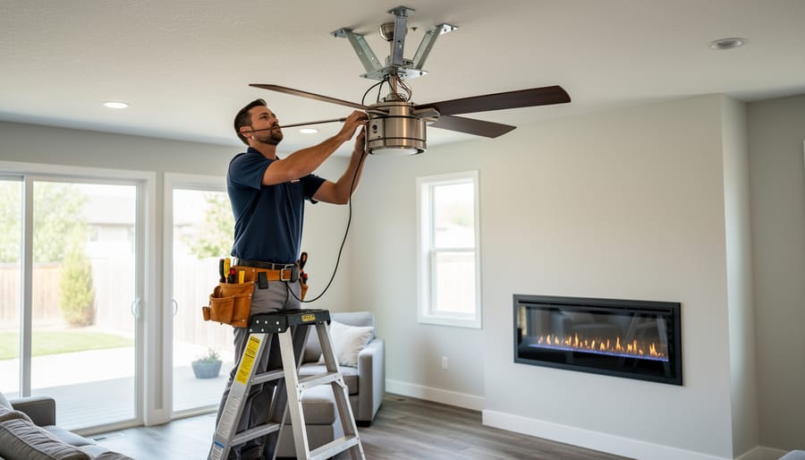 Professional electrician installing ceiling fan mounting bracket to ceiling junction box