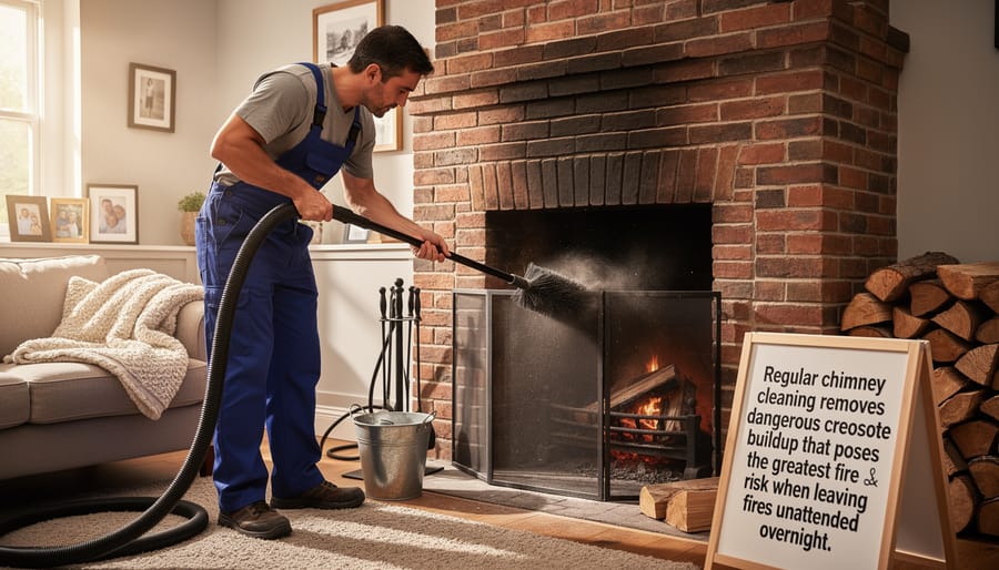 Professional chimney sweep cleaning creosote buildup from fireplace chimney flue