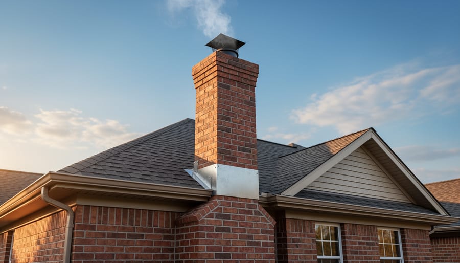 Brick chimney extending above residential roofline in winter