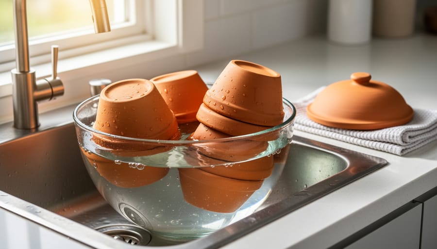 Handmade clay cooking pot soaking in water basin as part of seasoning process