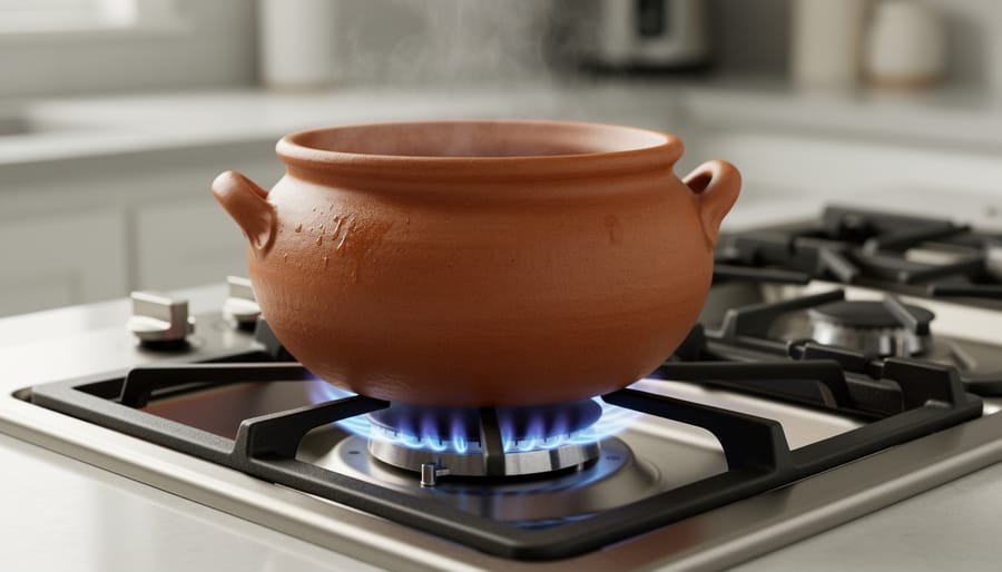 Handmade clay cooking pot heating on gas stove with gentle flame