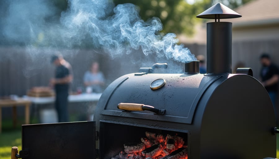Thin blue smoke rising from offset smoker chimney against clear sky