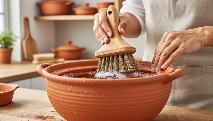 Hands cleaning handmade clay pot with natural bristle brush under water