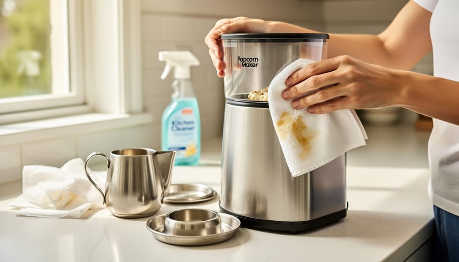 Close-up of hands cleaning the interior of a stainless steel popcorn maker with microfiber cloth