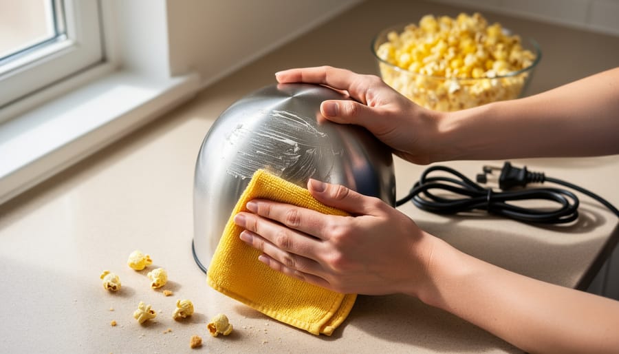 Close-up of hands wiping a stainless-steel popcorn maker kettle with a yellow microfiber cloth, grease smudges and kernels on the counter, with a blurred bowl of popcorn and unplugged cord in the background.