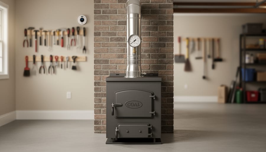 Eye-level view of a residential coal boiler in a tidy basement, showing a stainless Type L vent pipe with barometric damper and sealed connection into a masonry chimney, with softly blurred tools and walls in the background.
