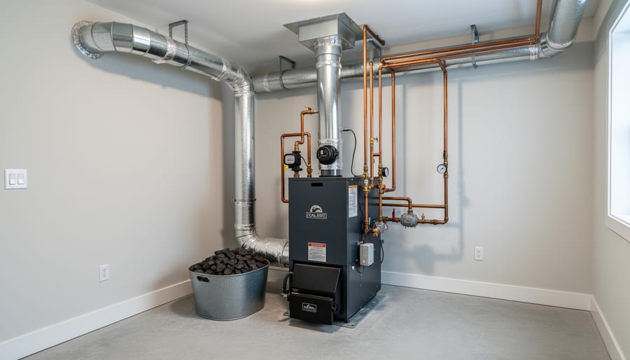 Coal boiler unit with chimney connector pipe in residential basement