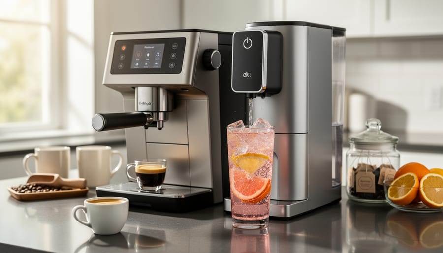 Espresso machine brewing coffee with steam rising in morning sunlight