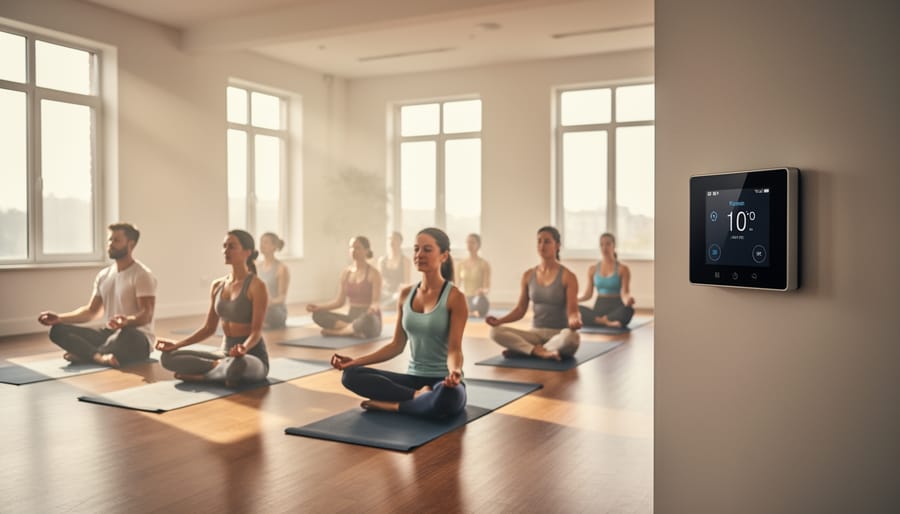 Woman meditating in warm, naturally lit yoga studio with space heater