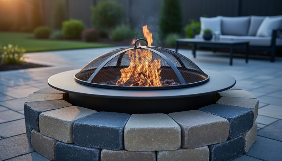 Backyard fire pit at dusk with low flames under a partially closed mesh screen and stone wind barrier, patio seating and garden softly blurred in the background, showing controlled airflow for a fuel-limited fire.