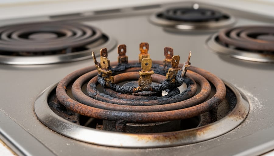 Close-up of damaged electric stove coil burner showing corroded terminal connections