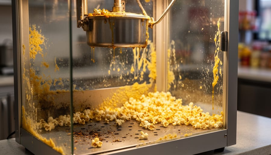 Interior of dirty popcorn maker showing oil residue and unpopped kernels