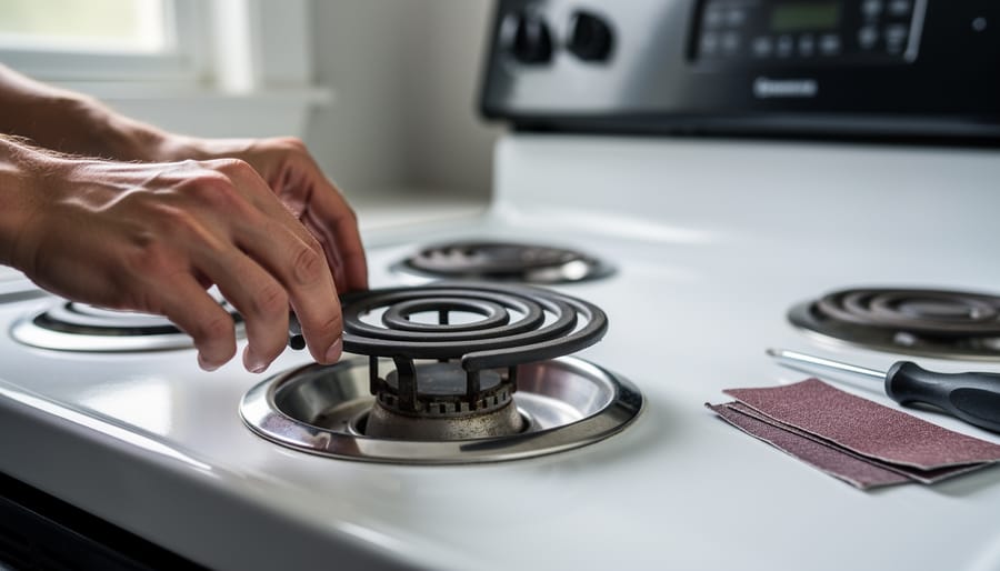 Close-up of hands reseating a coil electric stove burner into its socket, shot from above in soft daylight, with a blurred screwdriver and fine sandpaper in the background.