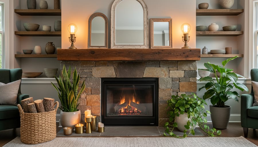 Straight-on view of an electric fireplace with a reclaimed wood mantel and stone surround, flanked by vintage lamps with warm LED bulbs, seagrass basket of decorative logs, brass candleholders, and potted snake plant and pothos, with thrifted mirrors and handcrafted ceramics on shelves in the background.