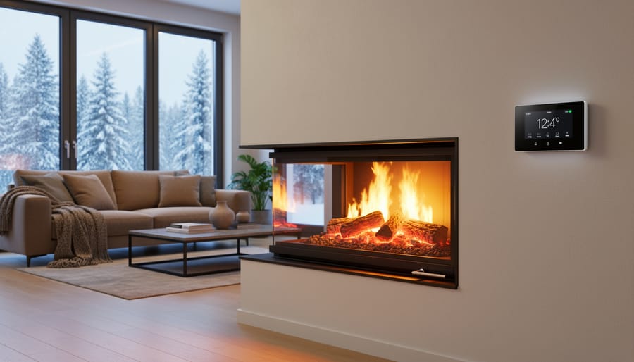 Contemporary living room with a high-efficiency gas fireplace insert burning, a programmable thermostat on the wall, and snowy trees visible through double-pane windows; warm interior lighting contrasts with cool daylight, suggesting efficient zone-focused home heating.