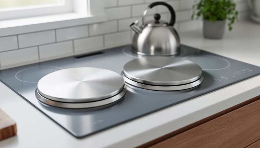 Close-up, three-quarter top-down view of two brushed stainless steel burner covers on an electric coil stove in a modern kitchen, softly lit by natural daylight with a blurred subway tile backsplash, stainless kettle, and small herb plant in the background.
