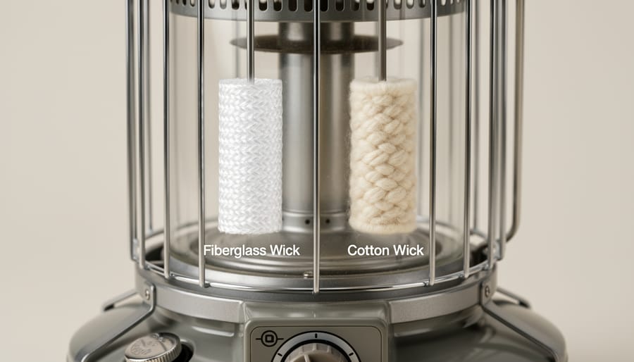 Side-by-side view of fiberglass and cotton kerosene heater wicks on workbench