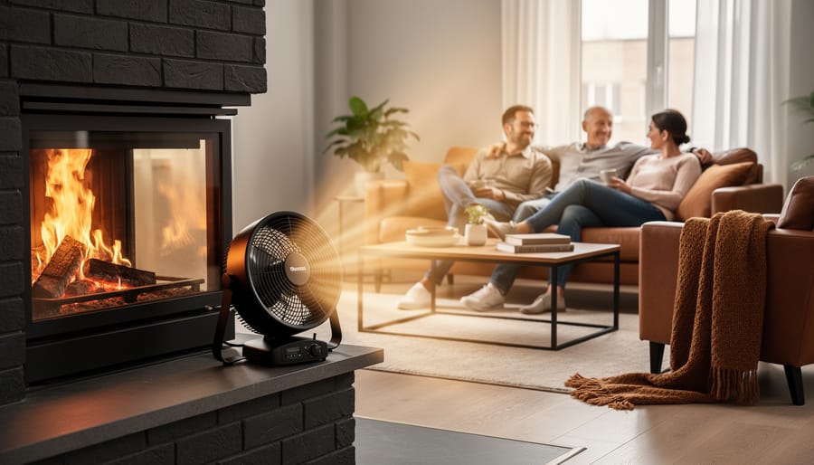 Cozy living room with fireplace showing effective heat distribution across the entire space