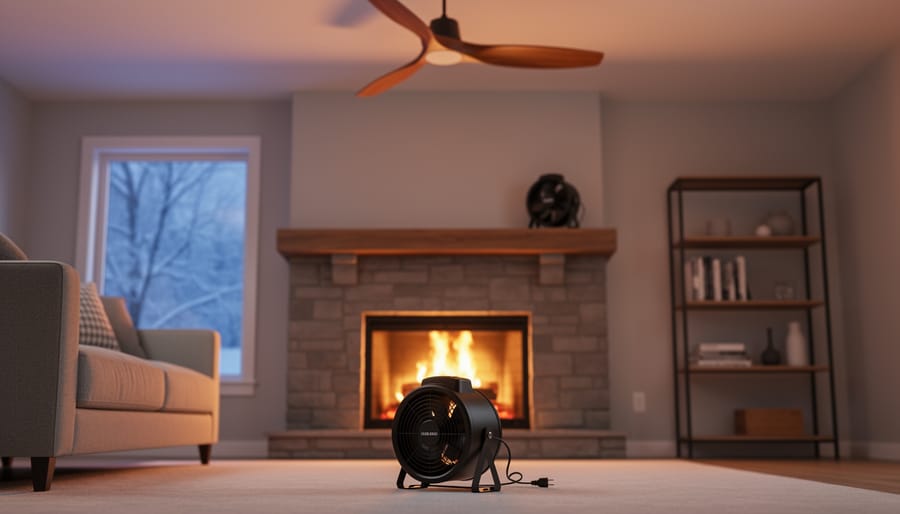 Wood-burning fireplace with a compact blower fan at the hearth, a heat-powered fan on the mantel, and a ceiling fan above in a warm, modern living room; sofa and shelves softly blurred in background.